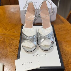 Gucci Silver Knotted Ankle-Strap Heels